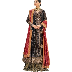 Salwar Kameez en soie noire brodée avec dupatta rouge, longueur au sol, tenue traditionnelle indienne pakistanaise pour femmes, pour mariage - Product Image 1
