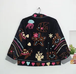 Chaqueta Bohemia de Terciopelo Negro Bordada con Dibujos Animados de Criaturas Marinas, Cuello Alto, Manga Larga, Chaqueta de Primavera para Mujer - Product Image 4