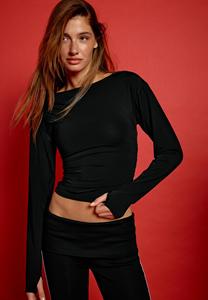 Haut moulant à manches longues pour femme en maille de polyester et coton, col rond, extensible, coupe ajustée, style décontracté, vente en gros - Product Image 4