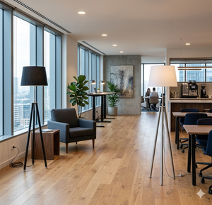 Lámpara de Pie LED de Alta Calidad con Trípode Metálico en Esquina, Pantalla Beige de Diseño Moderno, Luz Blanca Cálida de 2700K, Ideal para Oficina - Product Image 4