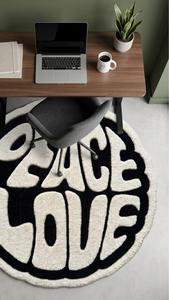 Tapis d'appoint décoratif moderne en laine tuftée à la main, antidérapant, à poils moyens, motif géométrique, noir et blanc, design classique, qualité supérieure, Paix et Amour - Product Image 3