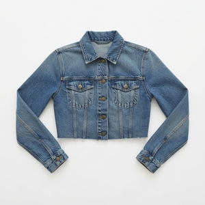 TRAMA SPORTS APPAREL Plus Size Women's <b>Cropped</b> Blue Washed Denim Varsity Jacket <b>Long</b> <b>Sleeve</b> Button Turn Collar Bamboo Lining - Product Image 1