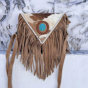 Sac bandoulière en cuir de vachette à franges, style bohème, avec pierres turquoise, sac à main élégant, petit sac très tendance - Product Image 1