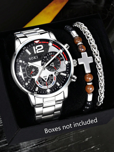 Reloj de Cuarzo de Acero Inoxidable Plateado para Hombre con Calendario y Juego de Pulseras de Cuentas 192119 - Product Image 3