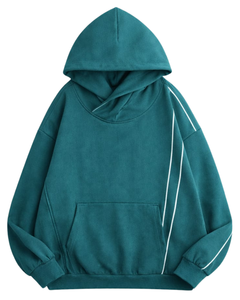 Sudadera con Capucha para Hombre en Color Verde Azulado Oscuro, con Rayas Laterales en Contraste, Estilo Casual Urbano, Felpa de Algodón, Bolsillo Canguro - Product Image 1