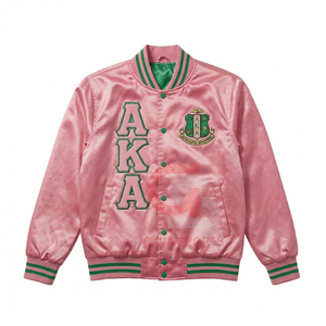 Chaqueta universitaria estilo bomber de satén AKA, rosa y verde, con bordado de letras griegas, resistente al viento, para mujer, estilo crop, para universidades y HBCU. - Product Image 1