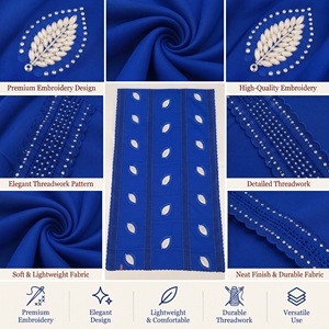 Wholesale Embroidered Swiss Voile <b>Shawl</b> Garbasaar Royal Blue Leaf Eyelet Stripe Rhinestone Scalloped Border OEM ODM Custom - Product Image 2