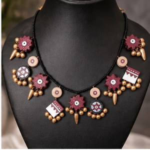 Folk Art <b>Sewing</b> Textile Necklace and Earring Set Painted Floral Wedding Statement Jewelry for Women Gifts - Product Image 3