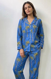 Women Premium Blue Cotton Palm Tree Print Night Suit Set Flock Print Long Sleeve Shirt Pajama Loungewear Spring Summer Autumn - Product Image 1