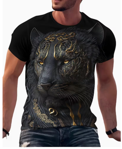 Men s O Neck Short Sleeve Printed T Shirt Black Panther Design Gold Pattern Casual Slim Fit Breathable Front Logo <b>Light</b> weight - Product Image 1
