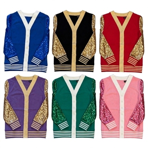 Cardigan universitaire pour femme bleu roi à sequins, col en V, boutonné, avec bordure rayée blanche, logo personnalisé, vente en gros - Product Image 6