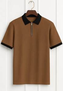 Men's Ribbed Solid 100% Cotton for <b>Shirt</b> Short Sleeve Zip Front Breathable Anti-Wrinkle Casual Summer Top - Product Image 1