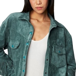 Premium Green Genuine <b>Suede</b> Women <b>Leather</b> Fringe <b>Jacket</b> Button Closure Type Back and Shoulder Fringes Customization Avaible - Product Image 6