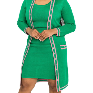 ชุดเซ็ตสองชิ้นสำหรับฤดูหนาว ผ้าวูล/แคชเมียร์ถักสีเขียวและชมพู พร้อมชุดเดรสยาวปานกลาง แต่งขอบสีชมพูและโลโก้ด้านหน้า - Product Image 3