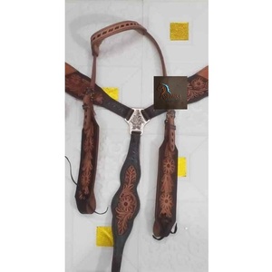 Western Two Tone <b>Leather</b> One Ear Horse Headstall & Breast Collar Set Floral Hand <b>Tooled</b> Design Rawhide Braiding Riding Tack Gear - Product Image 3