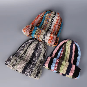 Custom Hand Knitted Knit <b>Cap</b> <b>Winter</b> Warm Colorful Stripes Beanie OEM Service Available Casual Fashion Daily Beanie - Product Image 1