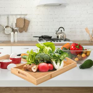 Plateau de service rectangulaire en bois naturel avec poignées ovales découpées, organiseur en bambou écologique - Product Image 3