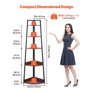 Étagère d'angle industrielle à 5 niveaux de 70 pouces de hauteur avec cadre métallique et étagères en bois pour salon ou bureau – Unité d'étagère d'angle type échelle - Product Image 2