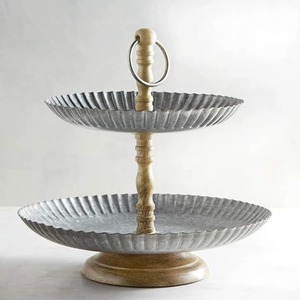 Industry Trending Two Tiered Metal Serving Tray <b>Set</b> Round Rustic Design Wooden Handle Decorative Stand - Product Image 1
