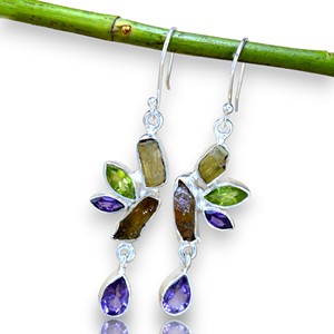Pendientes de Plata de Ley 925 con Turmalina en Bruto y Piedras Preciosas de Varias Formas, Joyería de Plata al por Mayor - Product Image 1