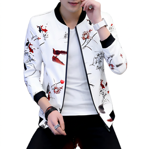 Chaqueta Blanca con Estampado Floral para Hombre, Cuello Alto con Cierre, Estilo Casual, Corte Ajustado, Material de Poliéster, Estilo Primavera - Product Image 4