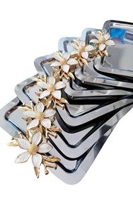 Stylish Metal Serving <b>Tray</b> With Flower Detail Handle Suitable For Serving Desserts During Parties Events And Home Gatherings - Product Image 2