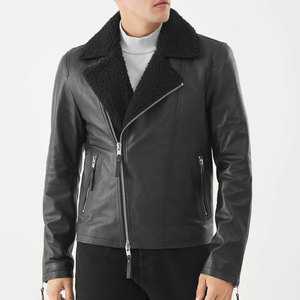 Veste moto en cuir véritable pour homme, col rabattu, fermeture éclair, coupe ajustée, doublure en fausse fourrure, manches classiques, vêtements d'hiver - Product Image 3