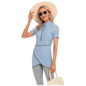 Traje de baño modesto para mujer con camiseta de natación de manga larga, leggings acuáticos y pañuelo a juego para la cabeza, cómodo para actividades en la playa. - Product Image 6