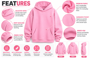 Women's Oversized <b>Pink</b> Hoodie 100% Cotton Fleece Solid Color Breathable Regular Length Full Sleeve Hooded <b>Sweatshirt</b> Top Quality - Product Image 5