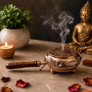 5 Inch Brass Incense <b>Burner</b> with 8 Inch Sandalwood Handle for Charcoal Resin Agarwood Bakhoor Loban Religious Use - Product Image 2