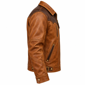 Whiskey Tan <b>Leather</b> Western Ranch <b>Jacket</b> <b>Mens</b> Dark <b>Brown</b> Yoke Waist Buckle Adjuster Custom OEM ODM Offer Provide Service Provide - Product Image 3