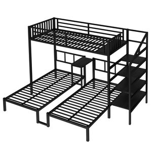 Letto a Castello Triplo in Metallo con Scrivania e Mensole Salvaspazio per 3 Persone, Dimensioni Twin XL - Product Image 5