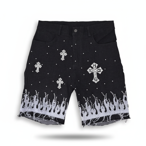 Men’s Black Denim Shorts Rhinestone Cross Design Flame Hem Distressed embriodry logo Streetwear <b>Hip</b> Hop Jean Shorts <b>for</b> women - Product Image 1