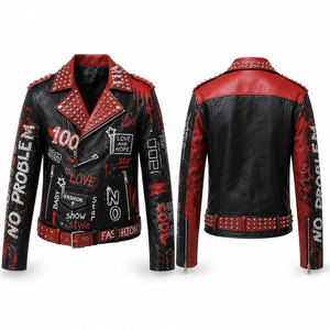 Men's Punk Style PU <b>Leather</b> Motorcycle <b>Jacket</b> Red Black Printed Rivet Zipper Turn-down Collar Slim Fit Autumn Wear - Product Image 1