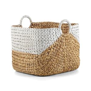 Sustainable Hand Woven White and Natural Water Hyacinth <b>Basket</b> Laundry <b>Hamper</b> Storage Bin with Ring Handles <b>for</b> Home - Product Image 1