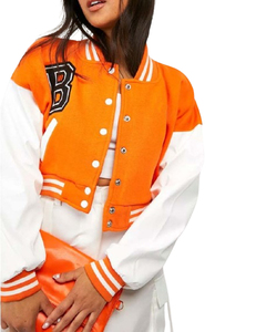 Chaqueta Varsity Naranja y Blanca para Mujer, Manga Larga, Logotipo con Letra B, Cuello con Botones, Largo Regular, 100% Lana Ecológica, Calefactable - Product Image 5