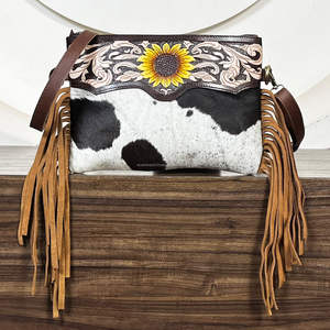 Hot Selling Premium Brown Tooled Leather Crossbody Fringe Bags New Hair on Fur Leather Sunflower Pattern Ladies Shoulder Bags - Product Image 4