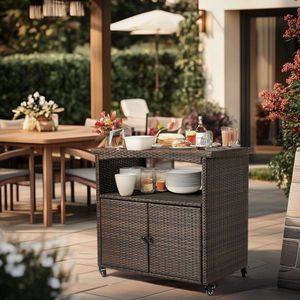 Outdoor <b>Kitchen</b> Serving Cart Roll with Storage Cabinet Patio Wicker Sideboard Buffet <b>Prep</b> <b>Table</b> for Outdoor Bar or Patio - Product Image 5