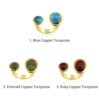 Bague ajustable en cuivre plaqué or 18 carats avec turquoise, double pierre en laiton massif, anneaux ouverts à l'avant, unisexe, pour usage quotidien, bijoux en gros