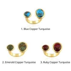 18k Gold Plated Copper Turquoise <b>Adjustable</b> <b>Ring</b> Solid Brass Double Stone Front Open <b>Rings</b> Unisex Daily Wear Wholesale Jewelry - Product Image 1