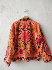 Abrigo de Terciopelo de Algodón Bordado, Chaqueta Larga Suzani, Estampado Floral a Mano, Abrigo Naranja - Product Image 5