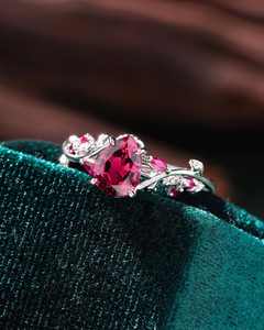 Anillo de compromiso con rubí rojo en forma de corazón, anillo de promesa de plata 925 con hoja, para ella, rubí de 8 mm, anillo para mujer, lote - Product Image 3