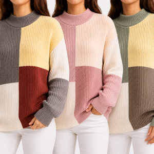 Women's Color Block Chenille Shaker Stitch Sweater 100% Polyester Chunky Knit Mock Neck <b>Pullover</b> | OEM Manufacturer - Product Image 2