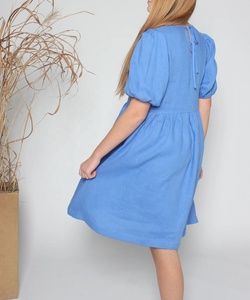 Nouvelle arrivée Robe midi en coton à manches bouffantes, col rond, silhouette en A, écologique, respirante, bleu bleuet, pour femmes, été - Product Image 6