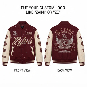 Premium 450 GSM Wool Blend Stand Windproof Varsity <b>Jacket</b> <b>Burgundy</b> for <b>Leather</b> Sleeves Custom Embroidery Rhinestone Patches - Product Image 1