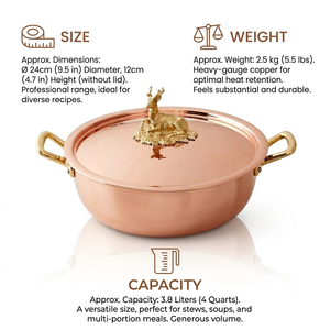 Casserole en cuivre lisse avec bouton et poignées en laiton motif cerf, ustensile de cuisine de luxe pour la cuisson haut de gamme, robuste - Product Image 4
