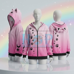 เสื้อฮู้ดหูแมวแบบมีซิป แจ็คเก็ตน้ำหนักเบา สีชมพู เสื้อฮู้ดซิปแบบมีหู ลายอุ้งเท้า ลายดาว ลายพระจันทร์ ชุดคอสตูมอนิเมะ - Product Image 3