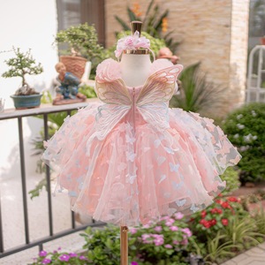 39 <b>Girls</b> Pink Butterfly Tulle <b>Princess</b> <b>Dress</b> with Multicolor Mini Butterflies, Floral Bodice Details and Large Back Butterfly - Product Image 5