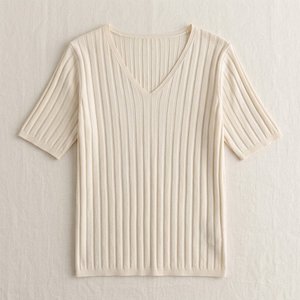 Camisetas de manga corta para mujer, de punto liso, anti-bolitas, transpirables, con cuello en V, holgadas y adelgazantes, moda de primavera-verano, al por mayor - Product Image 2