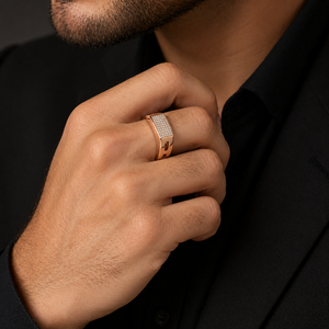 Mens 18KT Rose Gold Rectangular Micro Pave Cubic Zirconia Signet <b>Ring</b> Openwork Side Design Polished <b>Statement</b> Wedding Party - Product Image 4